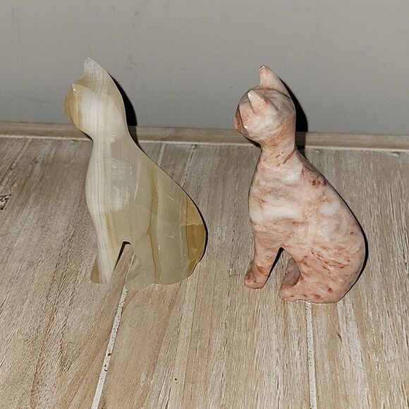Vintage Pink Coral Marble Stone Cat & Honey Onxy Cat Tabletop Decor Crystal - Picture 5 of 7